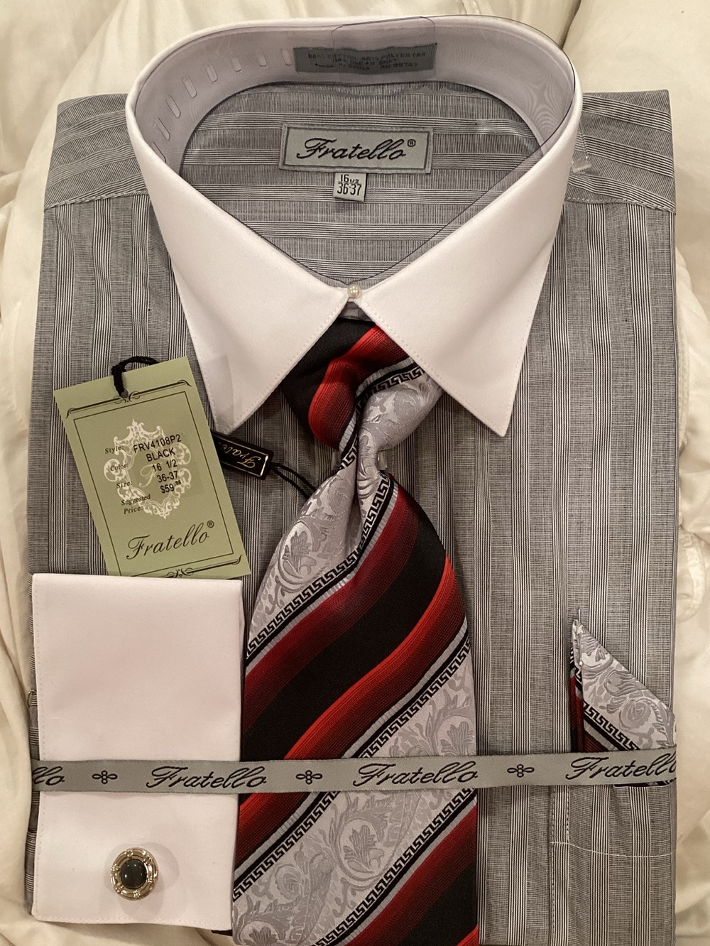 Fratello Men's Gray Stripe Dress & Tie French Cuff 36-38 NEW
